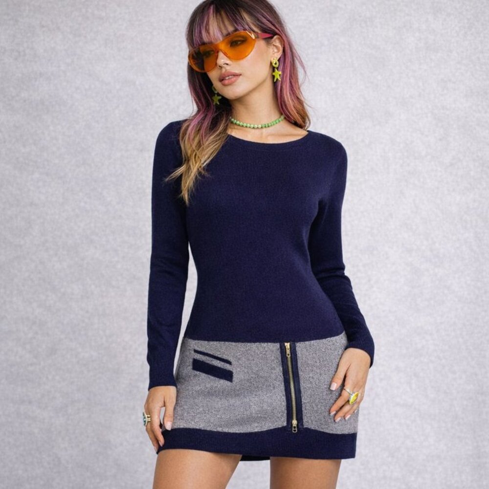 Vintage Y2K Dress Blue Gray Sweater Dress With Zipper Size Small
